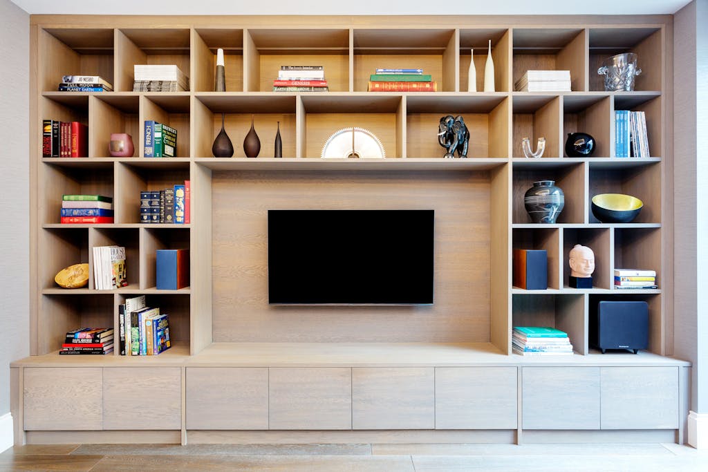Bespoke-Media-Fireplace-Wall-Joinery-Wood-Plasterboard-Shelving-Luxury-Living-Room-Feature