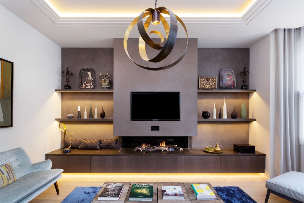 Bespoke-Media-Fireplace-Wall-Joinery-Wood-Plasterboard-Shelving-Luxury-Living-Room-Feature