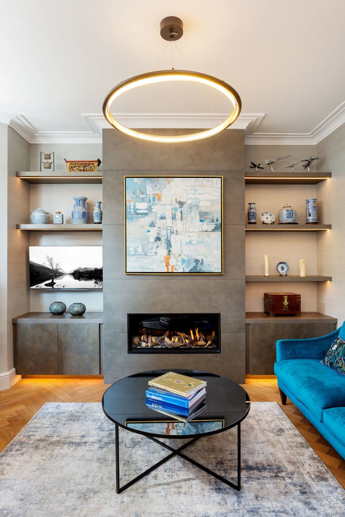 Bespoke-Media-Fireplace-Wall-Joinery-Wood-Plasterboard-Shelving-Luxury-Living-Room-Feature