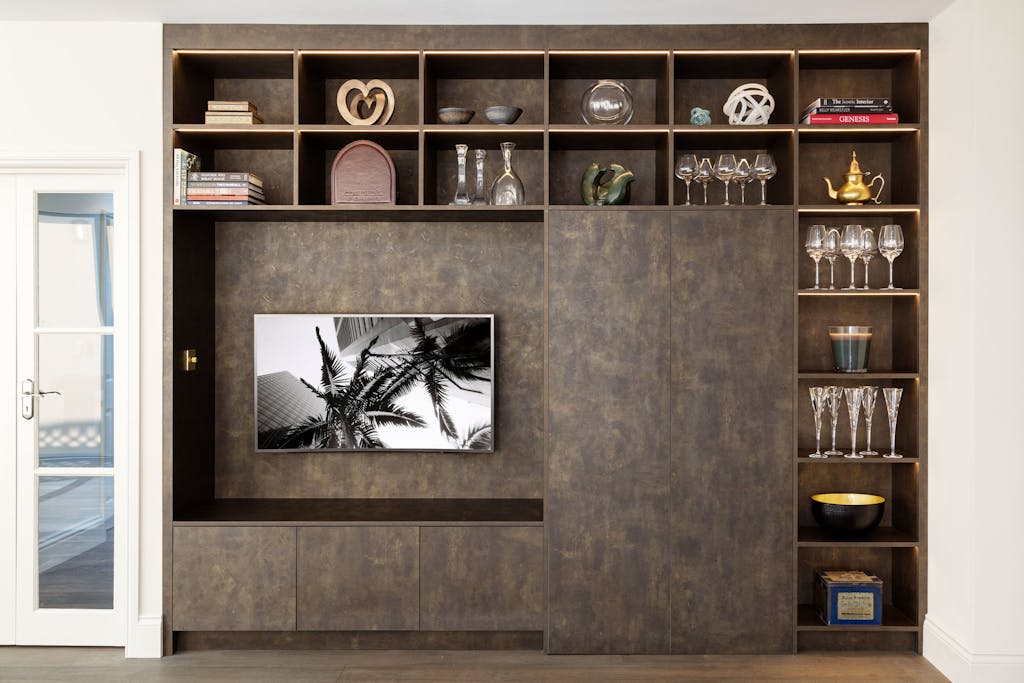 Bespoke-Media-Fireplace-Wall-Joinery-Wood-Plasterboard-Shelving-Luxury-Living-Room-Feature