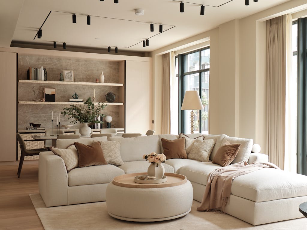 whiteley bespoke luxury neutral shelving living room hux london 1